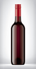 Glass Bottle with red wine on background. 