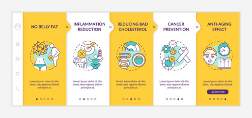 Dieting benefits onboarding vector template. No belly fat. Cancer prevention. Anti aging effect. Responsive mobile website with icons. Webpage walkthrough step screens. RGB color concept