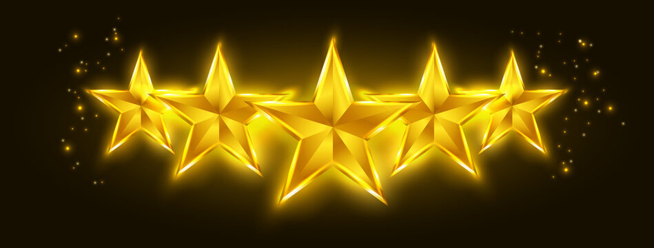Five glowing  rating golden star isolated on black background. Vip and luxury design element for awards, cards, banners, casino, poker, holidays. Vector illustration.