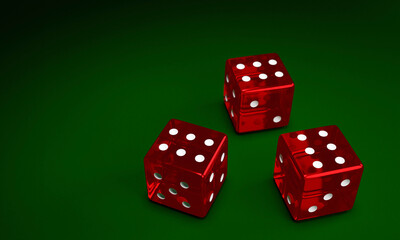 Transparent red dice are falling on the green felt table. The concept of dice gambling in casinos. 3D Rendering
