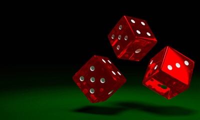 Transparent red dice are falling on the green felt table. The concept of dice gambling in casinos. 3D Rendering