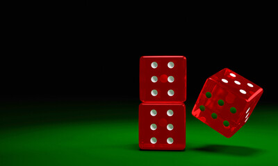 Transparent red dice are falling on the green felt table. The concept of dice gambling in casinos. 3D Rendering