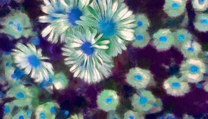Fototapeta na wymiar green daisies on a purple background acrylic bee sitting on a flower abstraction