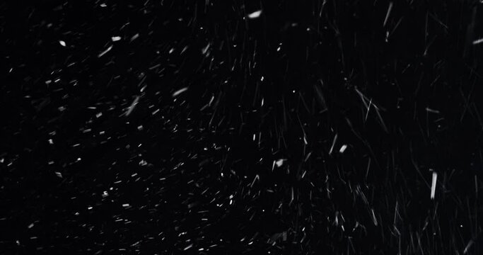 Dense 4K Arctic snowstorm swirling against black. Blizzard element. Dense heavy blizzard snowstorm VFX insert. Black screen Christmas snowstorm. Snow wind. Practical snow. Weather effects.