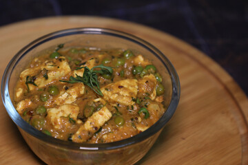 Matar Paneer Cottage Cheese Dish in a bowl with coriander garnishing