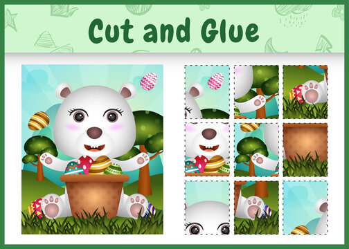 Children board game cut and glue themed easter with a cute polar bear in the bucket egg