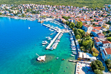 Tourist town of Selce waterfront aerial view