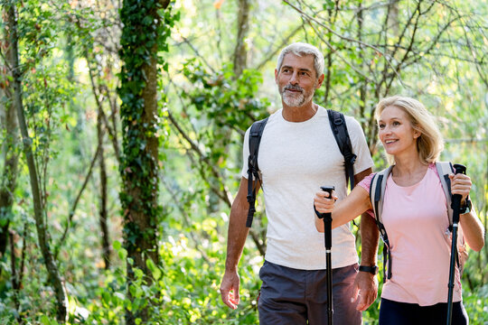 Smiling mature couple talking while hiking in forest