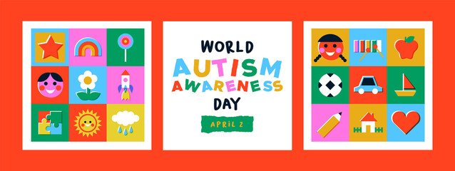 Autism Awareness Day kid toy mosaic icon card set