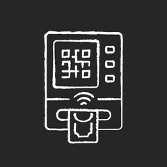 Cardless atm chalk white icon on black background. Cardless withdrawals give opportunity to establish your identity with pin code on your mobile phone. Isolated vector chalkboard illustration