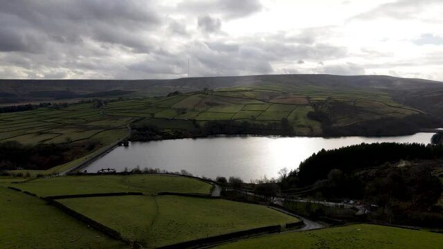 Drone Fly Over Aerial View Of Beautiful Digley Reservoir Peak District Holmfirth West Yorkshire Moors
