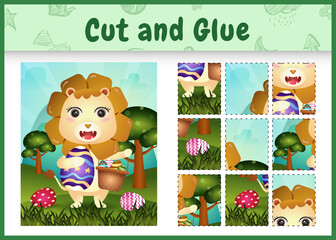 Children board game cut and glue themed easter with a cute lion holding the bucket egg and easter egg