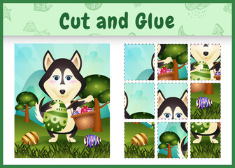 Children board game cut and glue themed easter with a cute husky holding the bucket egg and easter egg