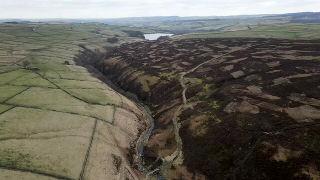 Digley Reservoir Peak District Holmfirth West Yorkshire moors Drone Fly Over Aerial View  