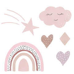 Watercolor hand painted boho rainbow clipart set with cloud, hearts, star and decorative element. © tanialerro