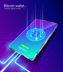 Bitcoin digital money wallet transfers, deposits and withdrawals using a smartphone, fast, via an intelligent system, secure blockchain, low fees. EPS file.