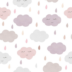 Watercolor cloud seamless pattern digital paper. Hand drawn clipart for kids nursery decor, wallpaper, baby shower.