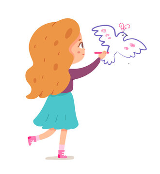 Girl painting wall in kindergarten. Kid doing creative art with crayon or pencil vector illustration. Little happy girl drawing bird on white
