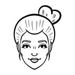 monochrome women head with bun. monochrome, avatar, comic.