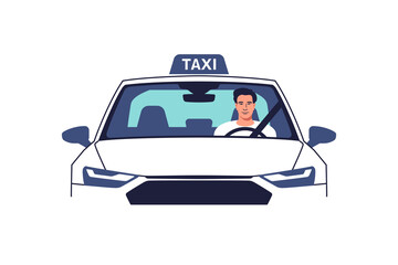 Taxi driver on a front seat. A front view of a taxi cab. Vector illustration. © faber14