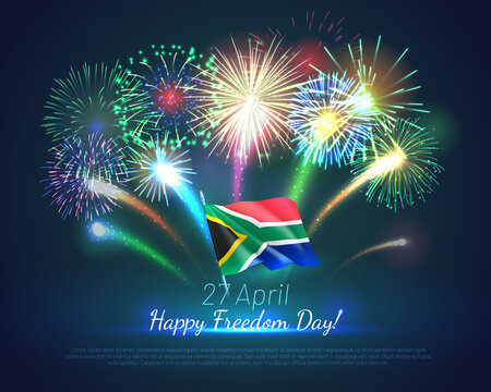27 April Happy Freedom Day banner template. South Africa Independence Day festive backdrop, poster, greeting or invitation card with fireworks realistic vector illustration - Powered by Adobe