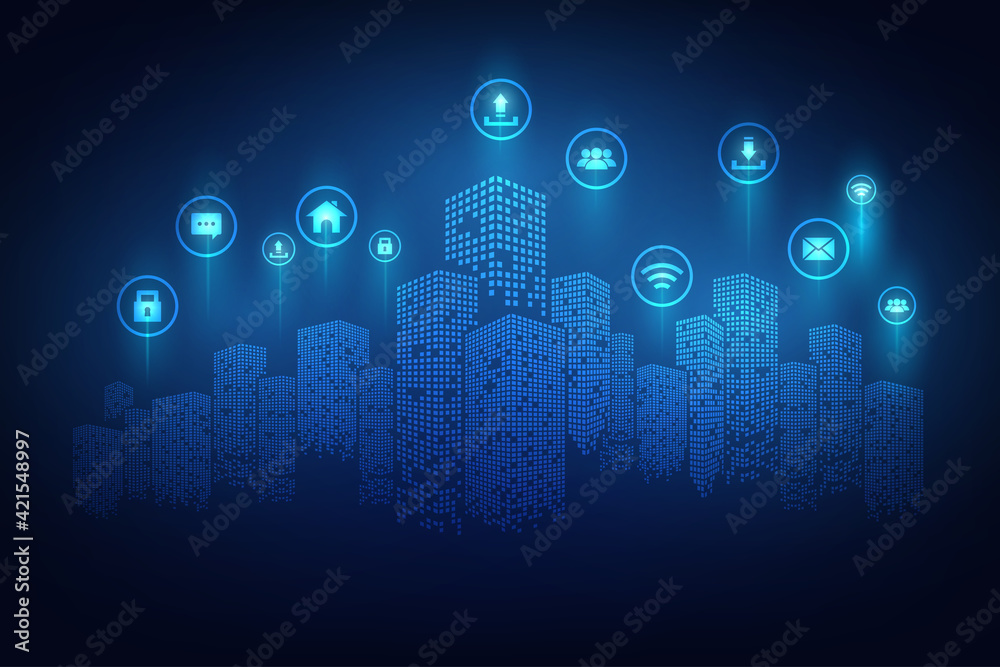 Sticker vector technology abstract blue background with concept smart city network connection.