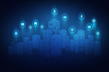 Vector technology abstract blue background with concept smart city network connection. 