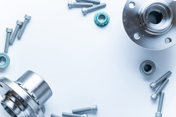 Sapre parts. Auto motor mechanic spare or automotive piece on white background. Set of new metal car part. Repair and vehicle service with space for text.