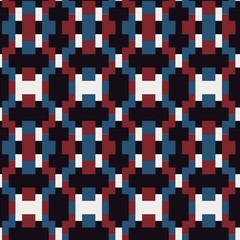 Seamless abstract geometric pattern in flat red blue black white. High quality illustration. Abstract design of red and blue overlaid to form a modern attractive abstract seamless surface design.