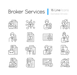 Broker service linear icons set. Online stock trading. Intellectual property. Sponsorship broker. Customizable thin line contour symbols. Isolated vector outline illustrations. Editable stroke