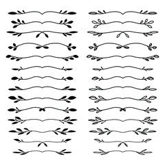 Set of hand drawn floral elements isolated on white background. Outline and silhouette branches for books, greeting cards, invitations, web. Doodle style.