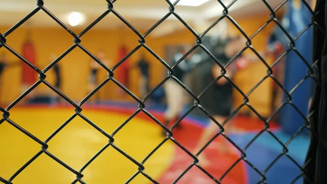 Blurred fighters practicing punch on punching bag behind net fence. Unrecognizable fighters during training