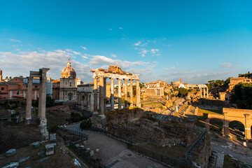 Fototapeta na wymiar Elevated view of old ruins of Roman Forum, Rome