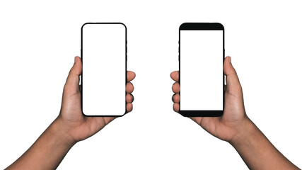 Businessman hand holding black smartphone isolated on white background, white clipping path inside.
