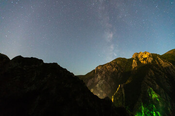 Scenic view of starry sky over mountain at night, Canyon Matka, Skopje, North Macedonia
