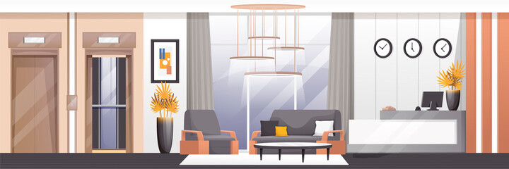 Hotel lobby and reception area background. Room with desk, armchair, sofa, table with computer, elevator vector illustration. Hall for guests interior design, horizontal panorama