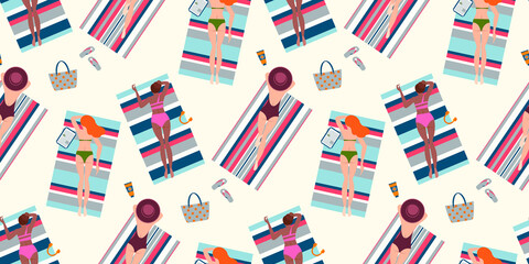 Summer vacation seaside background seamless pattern. Hand drawn, relaxed beautiful people on the beach. Sexy girls lying on sand, top view vector