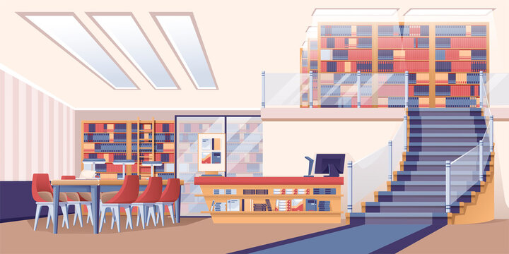Library interior design background. Room with bookcases, table, chairs, counter with computer, ladder vector illustration. Modern colorful furniture indoor, horizontal panorama