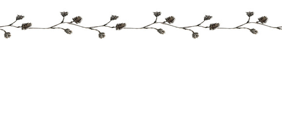 Small laid-back watercolor illustration of delicate pastel, beige fluffy branches in the sketch style, border with copyspace, isolated on a white background.