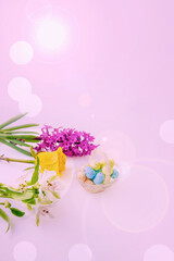 Basket with decorative eggs and flowers on the Easter table. Top view, banner. Easter decor, copy space