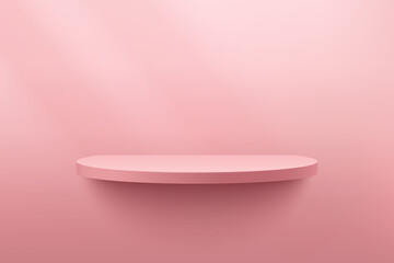 Abstract light pink cylinder shelf, Pedestal Podium. Pink empty room, Shadow of window. Vector rendering 3d shape, Product display presentation. Studio room concept, Minimal wall scene.