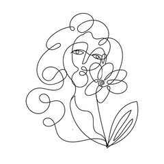 One Line drawing of beauty woman face with flower in continuous line style. Abstract minimalist surreal face with curled hair. Vector trendy illustration. Logo for organic cosmetics, beauty salon, spa