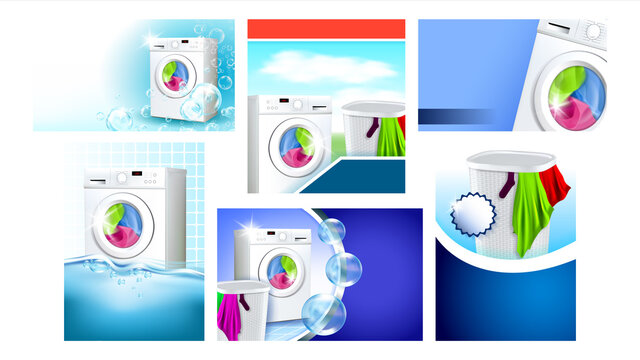 Laundry Services Advertising Posters Set Vector Illustration