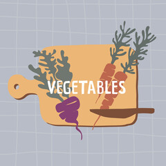 Vegetables at the table kitchen. Vegetables text. Healthy food. Abstract illustration. Eco-friendly. Carrot, beet, garlic, knife, checkered tablecloth. Cutting board kitchen counter. 