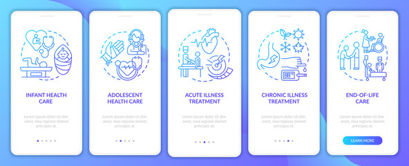 Family doctor support navy onboarding mobile app page screen with concepts. Medicine walkthrough 5 steps graphic instructions. UI, UX, GUI vector template with linear color illustrations