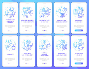 Family doctor navy onboarding mobile app page screen with concepts set. Health care walkthrough 5 steps graphic instructions. UI, UX, GUI vector template with linear color illustrations