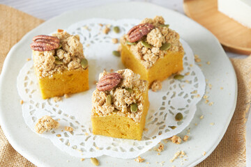 Pumpkin Cube pound cake set on cafe table.