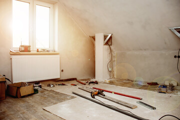 Rebuilding an old real apartment or flat, ready for renovate. From old to new interior concept.