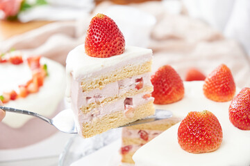 Strawberry chiffon cake with fresh cream. Cake for celebration.