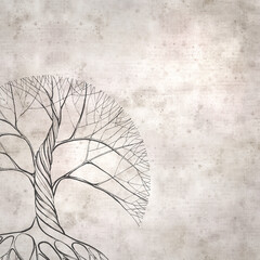 stylish textured old paper background with twisted old tree in ink line drawing
